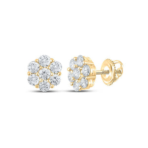 Men's Diamond Earrings | 14kt Yellow Gold Mens Round Diamond Flower Cluster Earrings 1-1/2 Cttw | Splendid Jewellery GND