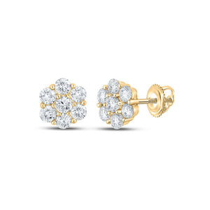 Men's Diamond Earrings | 14kt Yellow Gold Mens Round Diamond Flower Cluster Earrings 1-7/8 Cttw | Splendid Jewellery GND
