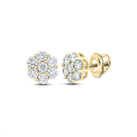14kt Yellow Gold Men's Round Diamond Flower Cluster Earrings - 1 Cttw - Top View