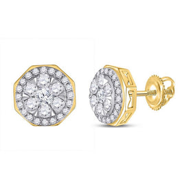 14kt Yellow Gold Men's Round Diamond Octagon Cluster Earrings - 1 Cttw - Top View