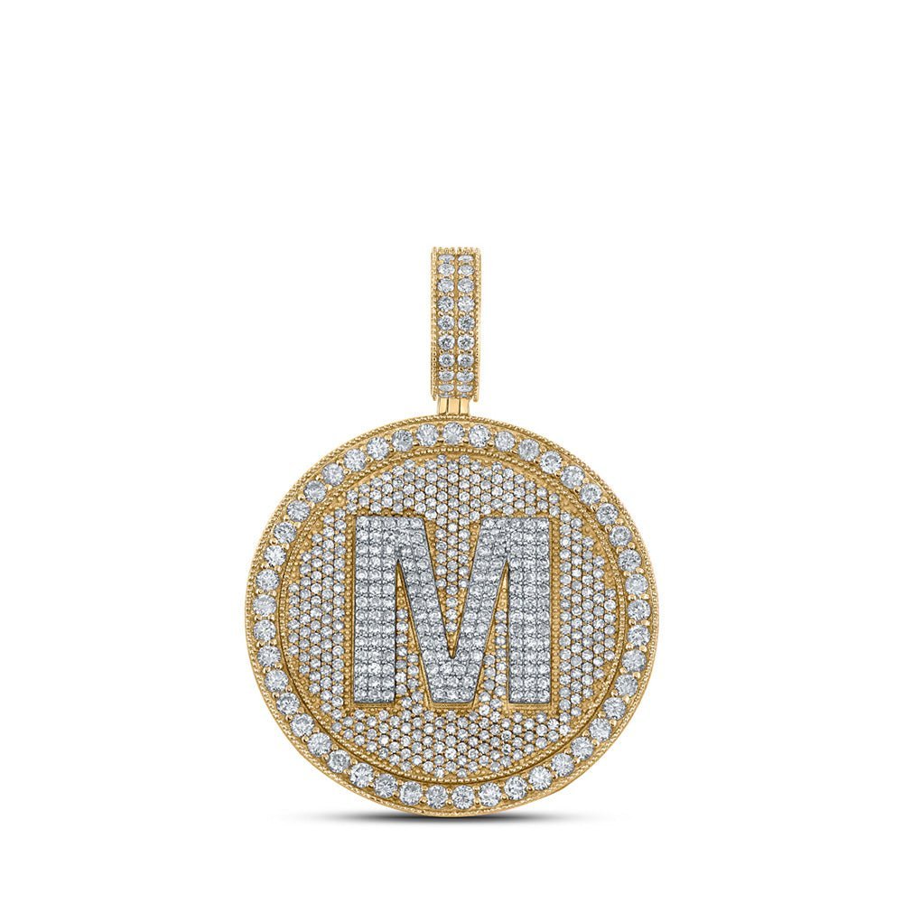 Men's Diamond Initial Circle Pendant | 10kt Two - tone Gold Round Diamond Letter M Charm Necklace - 3 - 5/8 Cttw - Splendid Jewellery