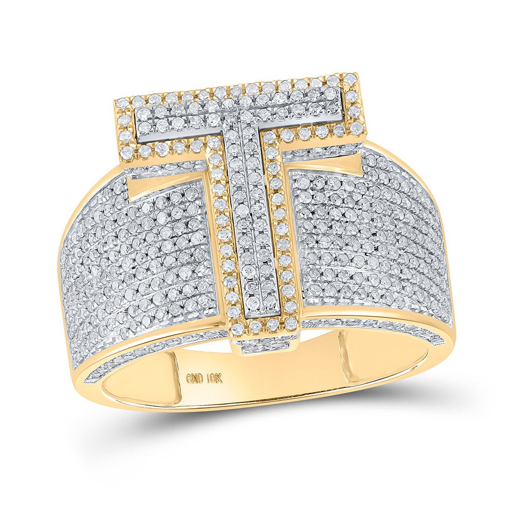 Men's Rings | 10kt Two-tone Gold Mens Round Diamond T Initial Letter Ring 1-1/5 Cttw | Splendid Jewellery GND