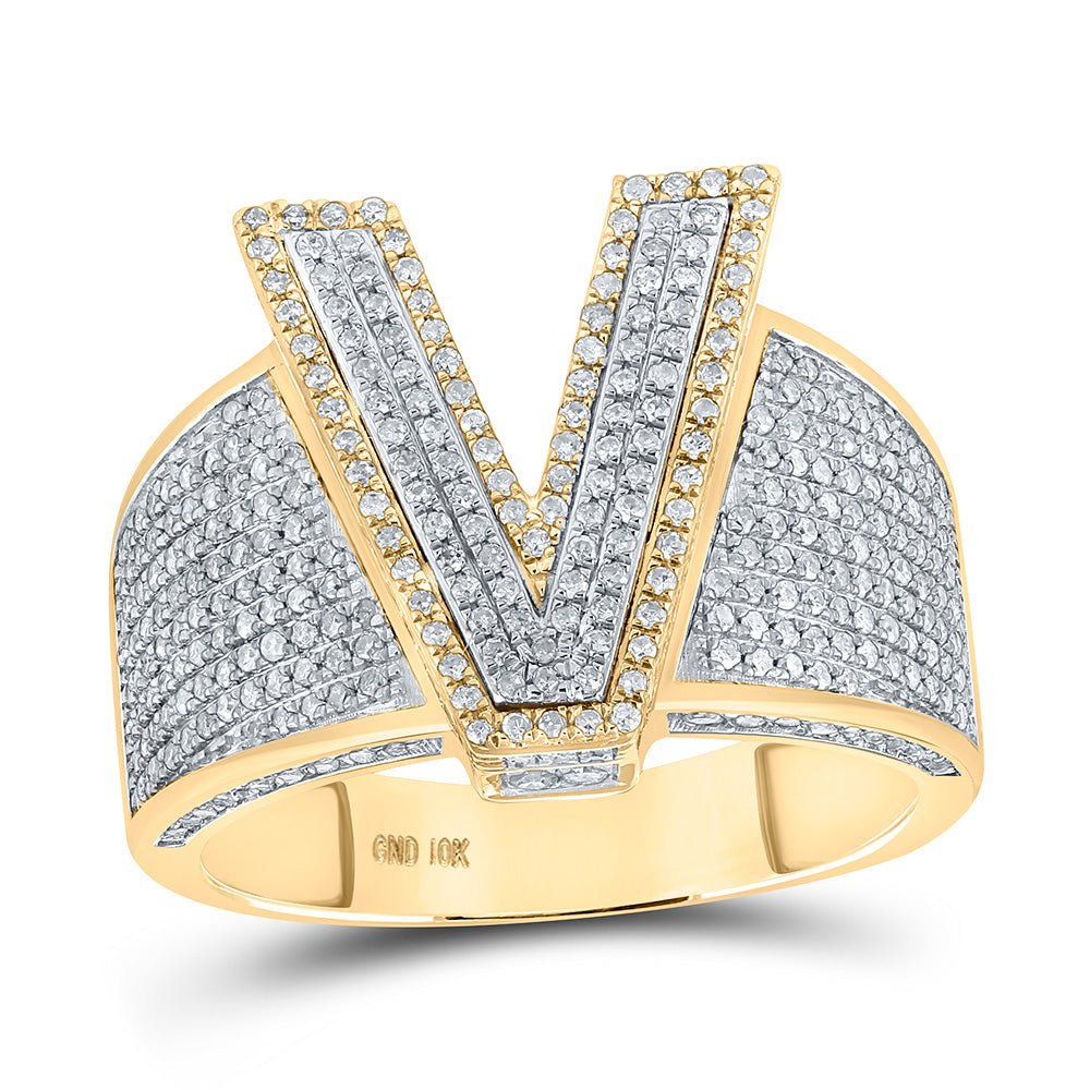 Men's Rings | 10kt Two-tone Gold Mens Round Diamond V Initial Letter Ring 1 Cttw | Splendid Jewellery GND