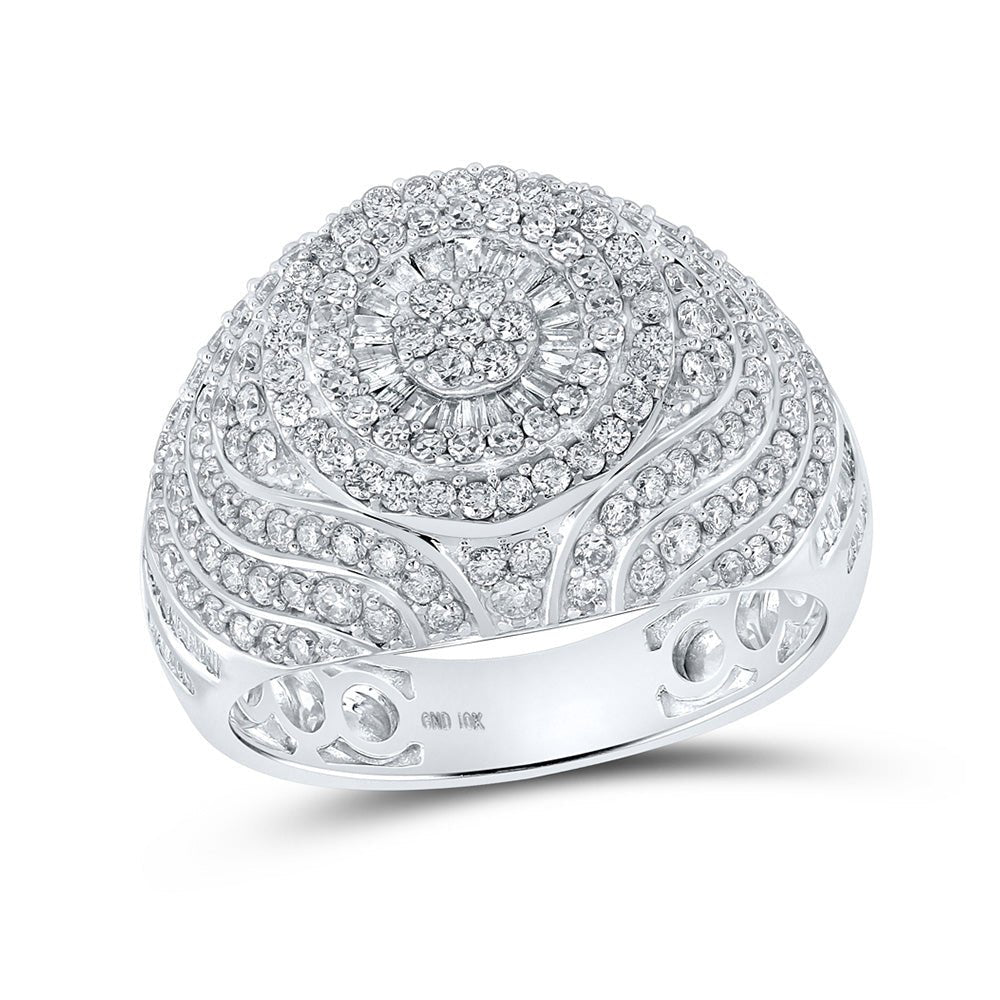 Men's Rings | 10kt White Gold Mens Baguette Diamond Circle Cluster Ring 2 Cttw | Splendid Jewellery GND