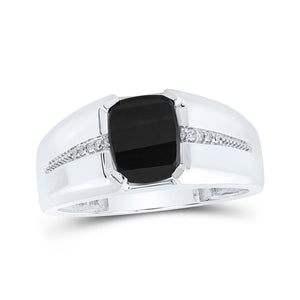 Men's Rings | 10kt White Gold Mens Cushion Onyx Diamond Band Ring 2 Cttw | Splendid Jewellery GND