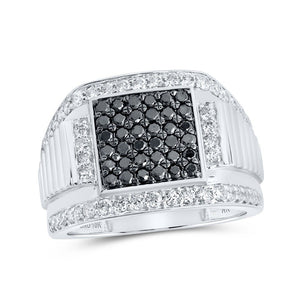Men's Rings | 10kt White Gold Mens Round Black Color Treated Diamond Square Ring 1-5/8 Cttw | Splendid Jewellery GND