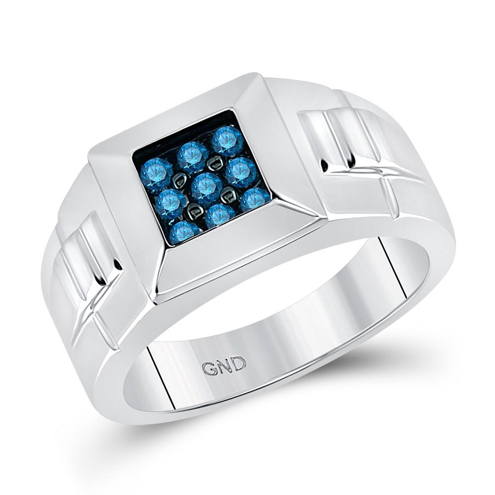 Men's Rings | 10kt White Gold Mens Round Blue Color Enhanced Diamond Square Ring 1/2 Cttw | Splendid Jewellery GND