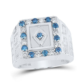 10kt White Gold Square Ring with Blue Color Treated Diamond - Captivating Men's Jewelry - Alternate view 1 from Splendid Jewellery