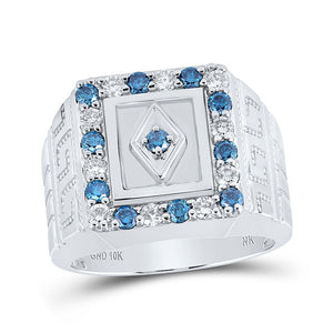 Men's Rings | 10kt White Gold Mens Round Blue Color Treated Diamond Square Ring 1-1/2 Cttw | Splendid Jewellery GND