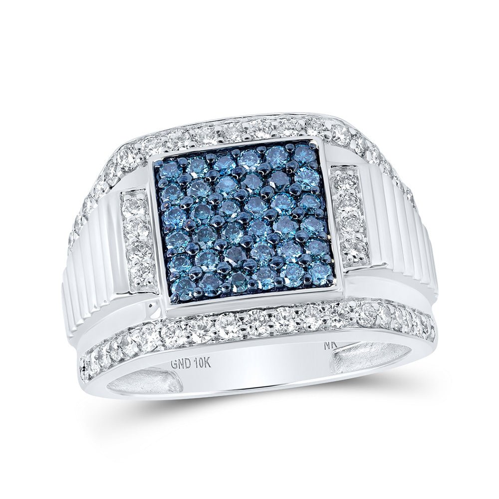 Men's Rings | 10kt White Gold Mens Round Blue Color Treated Diamond Square Ring 1-5/8 Cttw | Splendid Jewellery GND