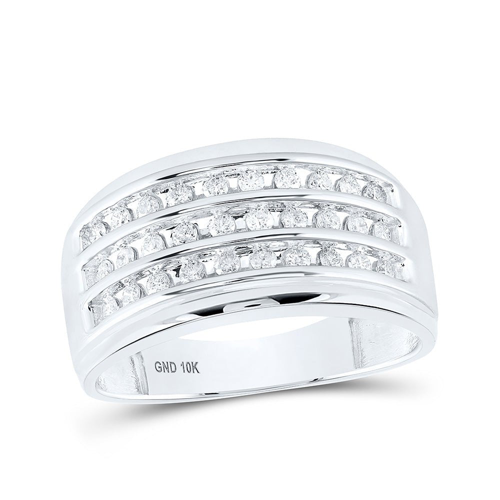 Men's Rings | 10kt White Gold Mens Round Diamond 3-Row Band Ring 1/2 Cttw | Splendid Jewellery GND