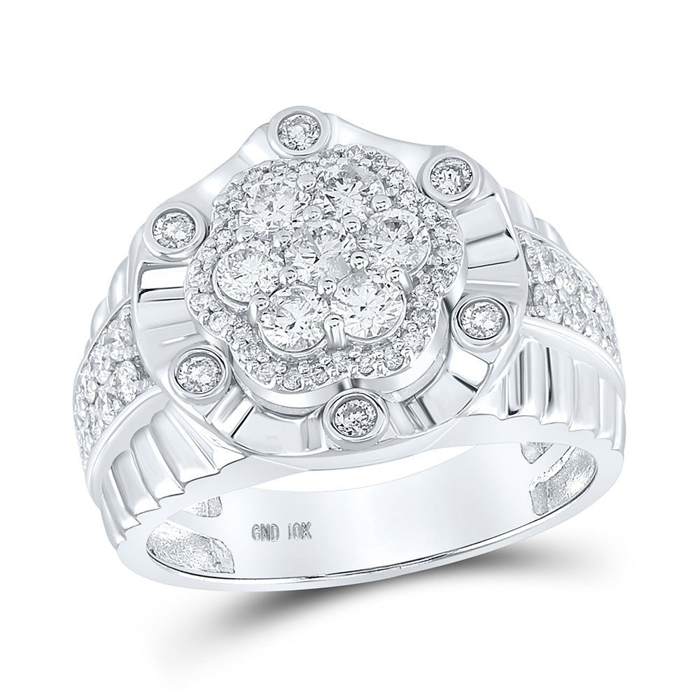Men's Rings | 10kt White Gold Mens Round Diamond Flower Cluster Ring 1-1/2 Cttw | Splendid Jewellery GND