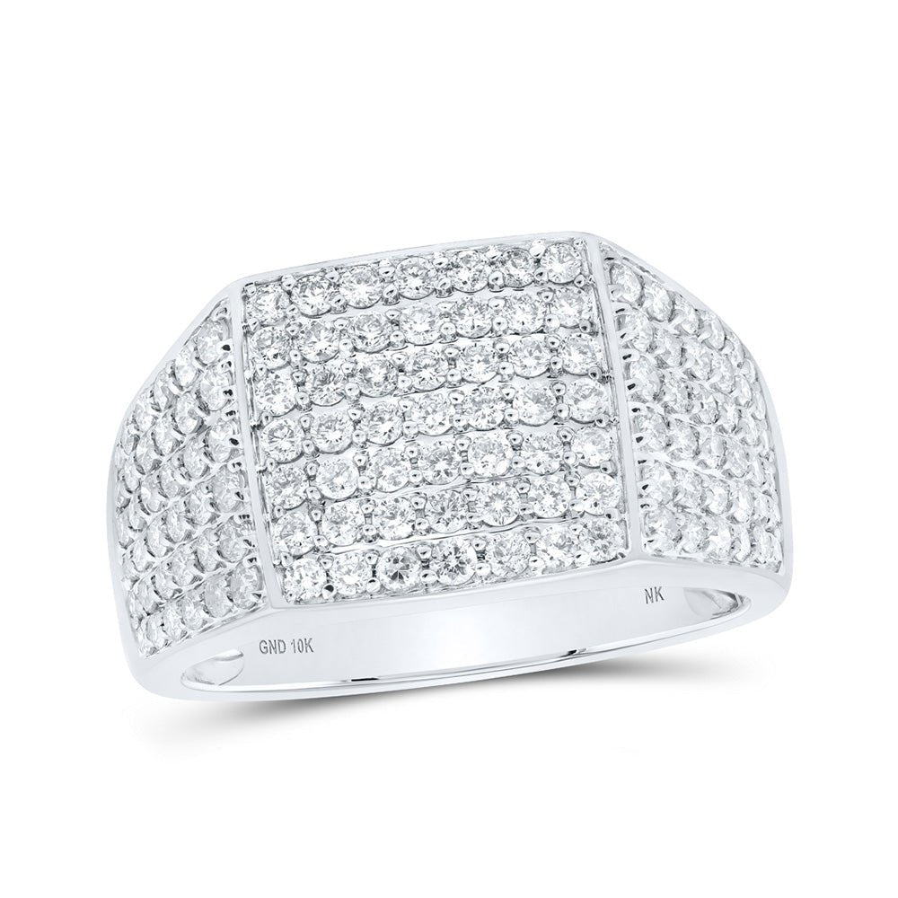 Men's Rings | 10kt White Gold Mens Round Diamond Pave Square Ring 1-1/2 Cttw | Splendid Jewellery GND