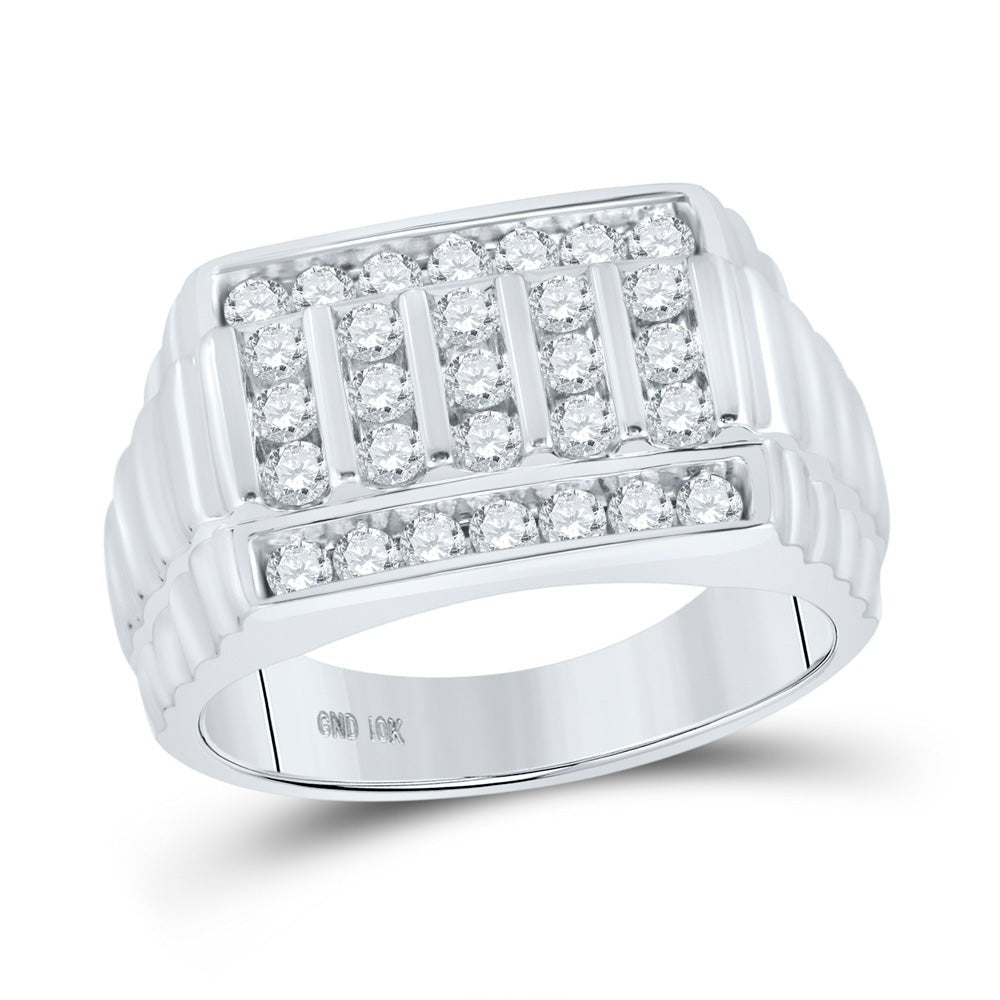 Men's Rings | 10kt White Gold Mens Round Diamond Ribbed Ring 1 Cttw | Splendid Jewellery GND