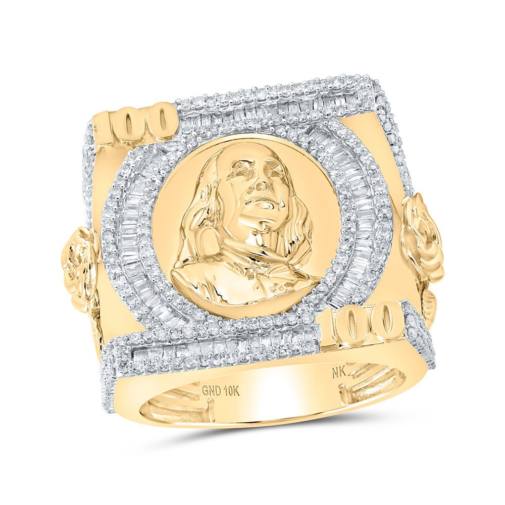 Men's Rings | 10kt Yellow Gold Mens Baguette Diamond Ben Franklin 100 Cluster Ring 1-1/2 Cttw | Splendid Jewellery GND