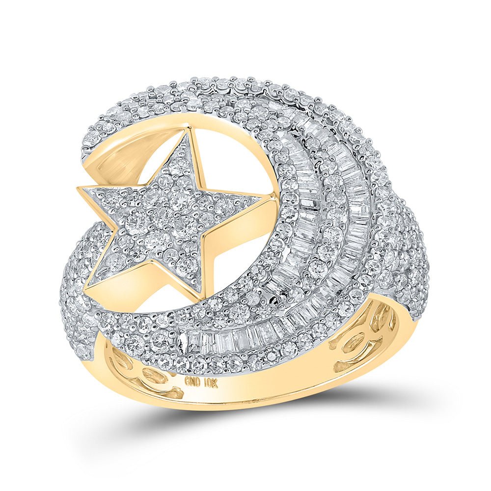 Men's Rings | 10kt Yellow Gold Mens Baguette Diamond Crescent Moon Star Ring 2-1/3 Cttw | Splendid Jewellery GND