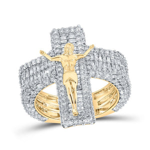 Men's Rings | 10kt Yellow Gold Mens Baguette Diamond Jesus Cross Ring 4-1/2 Cttw | Splendid Jewellery GND