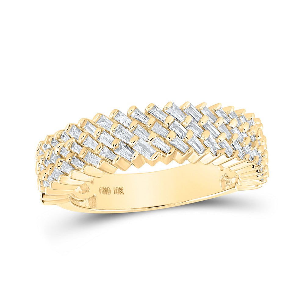 Men's Rings | 10kt Yellow Gold Mens Baguette Diamond Triple Row Diagonal Band Ring 1 Cttw | Splendid Jewellery GND