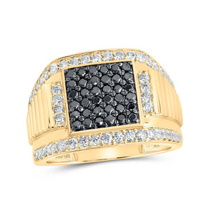 Men's Rings | 10kt Yellow Gold Mens Round Black Color Enhanced Diamond Square Ring 1-5/8 Cttw | Splendid Jewellery GND