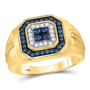 Men's Rings | 10kt Yellow Gold Mens Round Blue Color Enhanced Diamond Square Ring 5/8 Cttw | Splendid Jewellery GND