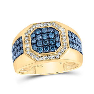 Men's Rings | 10kt Yellow Gold Mens Round Blue Color Treated Diamond Octagon Ring 1-1/5 Cttw | Splendid Jewellery GND
