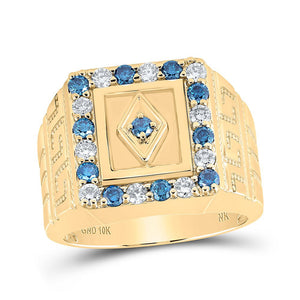 Men's Rings | 10kt Yellow Gold Mens Round Blue Color Treated Diamond Square Ring 1-1/2 Cttw | Splendid Jewellery GND