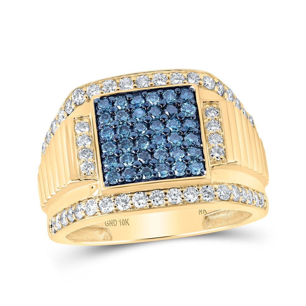 Men's Rings | 10kt Yellow Gold Mens Round Blue Color Treated Diamond Square Ring 1-5/8 Cttw | Splendid Jewellery GND