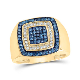 Splendid Jewellery 10kt Yellow Gold Men's Square Ring with Captivating Blue Diamond Accent - 3/4 Cttw Top view from the 10Kt Yellow Gold Mens Round Blue Color Treated Diamond Square Ring 3 4 Cttwpin232541 collection by Splendid Jewellery