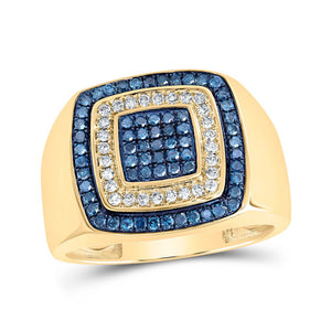 Men's Rings | 10kt Yellow Gold Mens Round Blue Color Treated Diamond Square Ring 3/4 Cttw | Splendid Jewellery GND