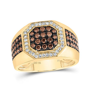 Men's Rings | 10kt Yellow Gold Mens Round Brown Diamond Octagon Ring 1-1/5 Cttw | Splendid Jewellery GND