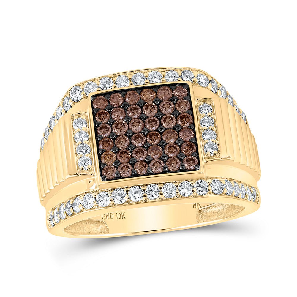 Men's Rings | 10kt Yellow Gold Mens Round Brown Diamond Square Ring 1-5/8 Cttw | Splendid Jewellery GND