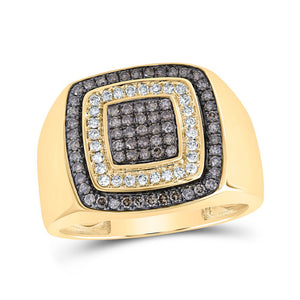 Men's Rings | 10kt Yellow Gold Mens Round Brown Diamond Square Ring 3/4 Cttw | Splendid Jewellery GND