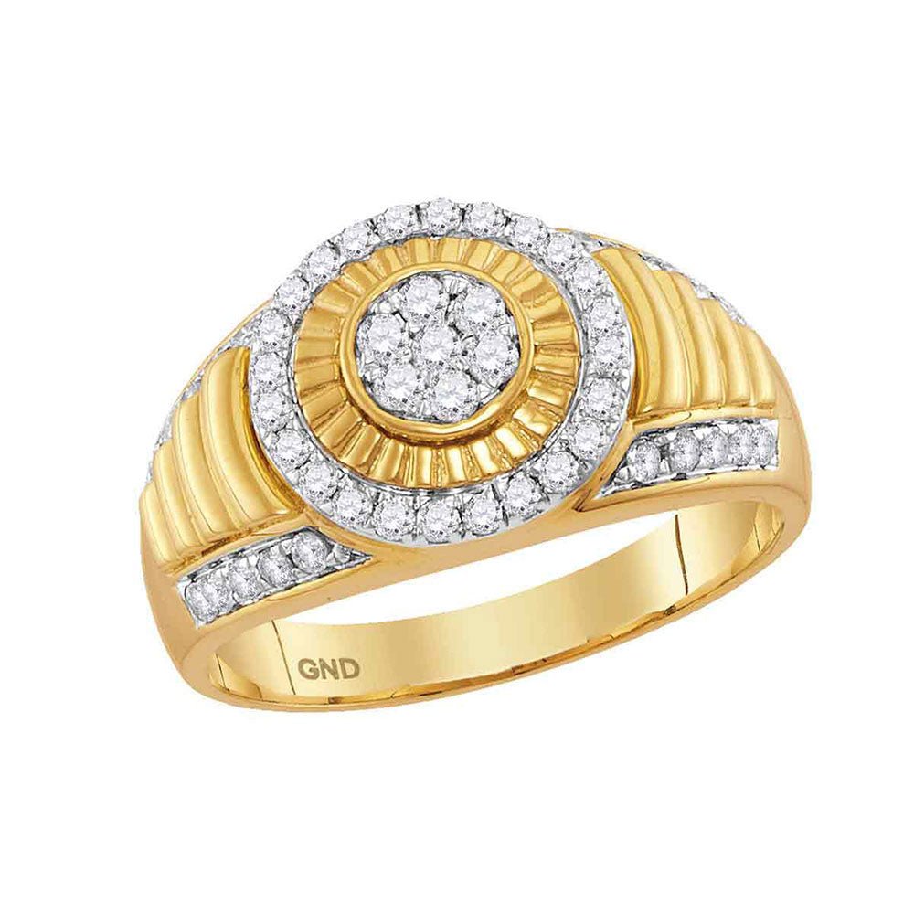 Men's Rings | 10kt Yellow Gold Mens Round Diamond Cluster Concentric Circle Ribbed Ring 3/4 Cttw | Splendid Jewellery GND