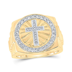 Men's Rings | 10kt Yellow Gold Mens Round Diamond Cross Circle Ring 1/2 Cttw | Splendid Jewellery GND