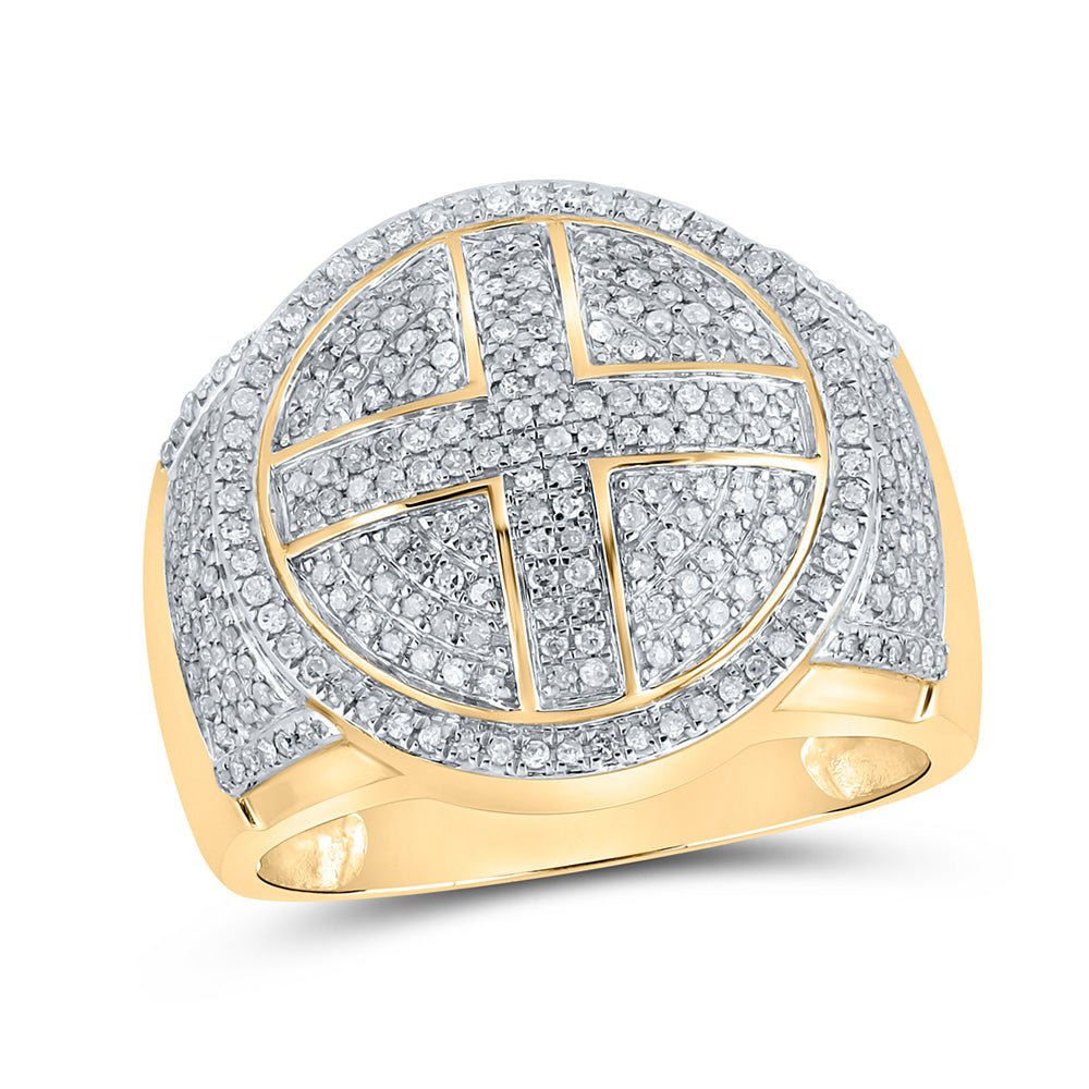Men's Rings | 10kt Yellow Gold Mens Round Diamond Cross Circle Ring 3/4 Cttw | Splendid Jewellery GND