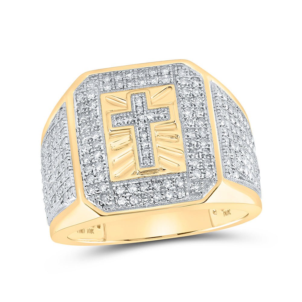 Men's Rings | 10kt Yellow Gold Mens Round Diamond Cross Ring 1-3/8 Cttw | Splendid Jewellery GND