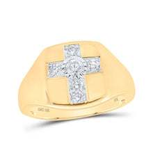 Load image into Gallery viewer, Sparkling Crossroads: 10kt Yellow Gold Men&#39;s Diamond Cross Ring 1/2 Cttw Top view from the 10Kt Yellow Gold Mens Round Diamond Cross Ring 1 2 Cttwpin230539 collection by Splendid Jewellery