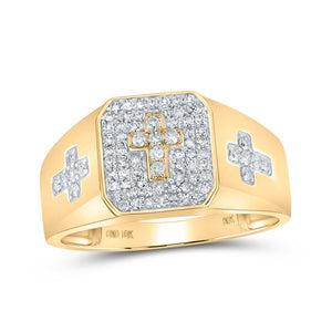 Men's Rings | 10kt Yellow Gold Mens Round Diamond Cross Ring 3/8 Cttw | Splendid Jewellery GND