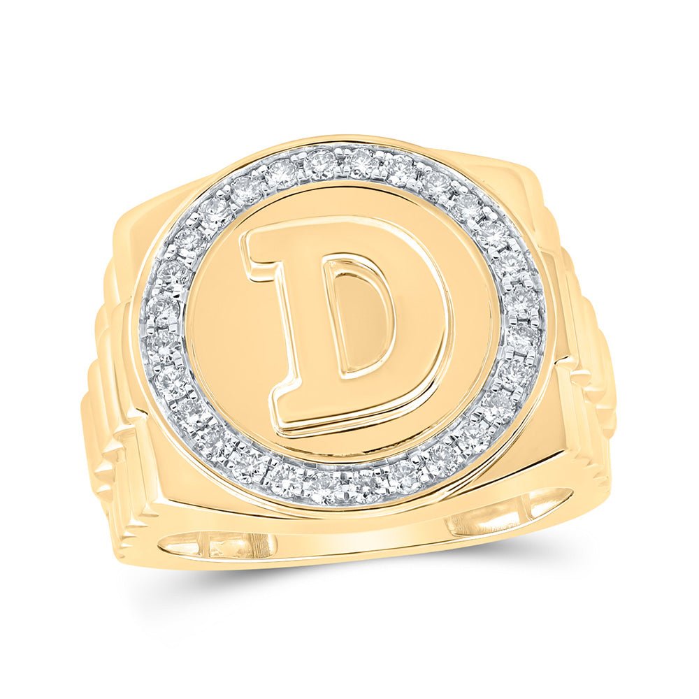 Men's Rings | 10kt Yellow Gold Mens Round Diamond D Letter Circle Ring 1/2 Cttw | Splendid Jewellery GND