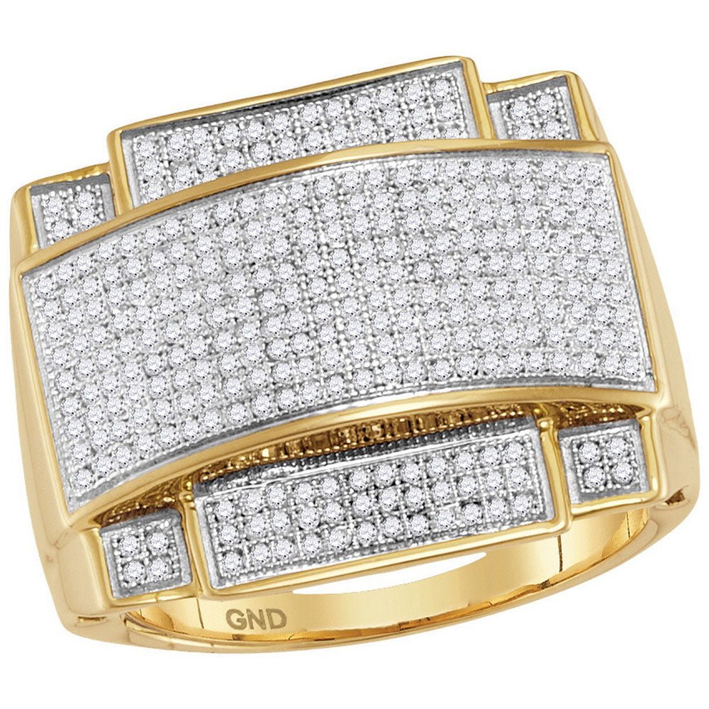 Men's Rings | 10kt Yellow Gold Mens Round Diamond Domed Rectangle Cluster Ring 7/8 Cttw | Splendid Jewellery GND