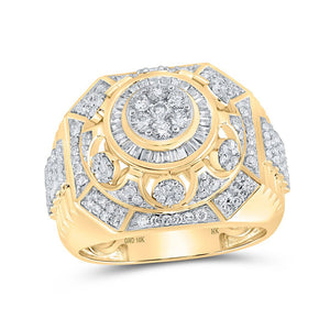 Men's Rings | 10kt Yellow Gold Mens Round Diamond Elevated Cluster Ring 1-1/2 Cttw | Splendid Jewellery GND