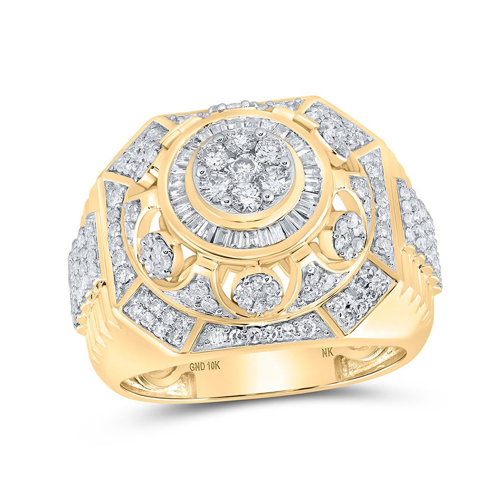 Men's Rings | 10kt Yellow Gold Mens Round Diamond Elevated Cluster Ring 1-1/2 Cttw | Splendid Jewellery GND