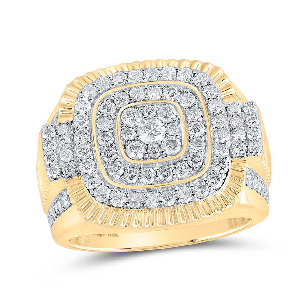 Men's Rings | 10kt Yellow Gold Mens Round Diamond Fluted Square Ring 1-7/8 Cttw | Splendid Jewellery GND