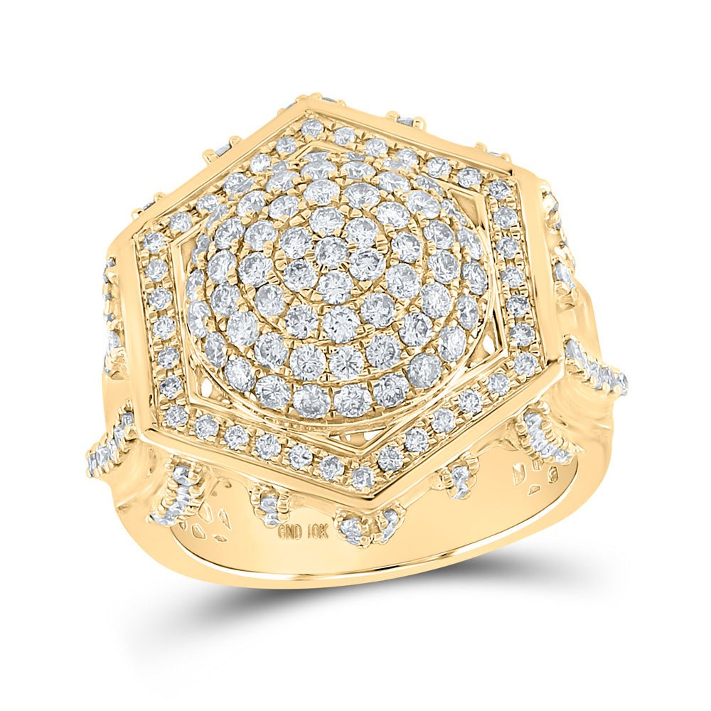 Men's Rings | 10kt Yellow Gold Mens Round Diamond Hexagon Cluster Ring 2-3/8 Cttw | Splendid Jewellery GND