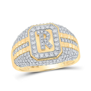 Men's Rings | 10kt Yellow Gold Mens Round Diamond Initial R Letter Ring 1-1/3 Cttw | Splendid Jewellery GND