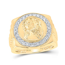 Load image into Gallery viewer, 10kt Yellow Gold Mens Round Diamond Jesus Face Circle Ring 1/2 Cttw | Divine Glory Men's Ring product  Top View from Splendid Jewellery
