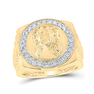 Men's Rings | 10kt Yellow Gold Mens Round Diamond Jesus Face Circle Ring 1/2 Cttw | Splendid Jewellery GND