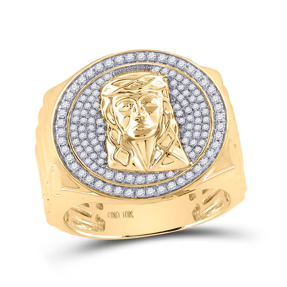 Men's Rings | 10kt Yellow Gold Mens Round Diamond Jesus Face Circle Ring 5/8 Cttw | Splendid Jewellery GND