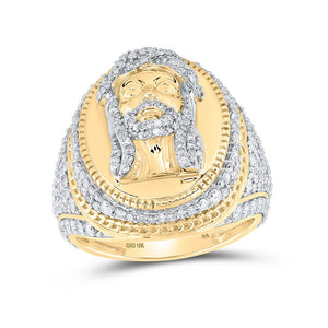Men's Rings | 10kt Yellow Gold Mens Round Diamond Jesus Face Oval Ring 2-1/5 Cttw | Splendid Jewellery GND