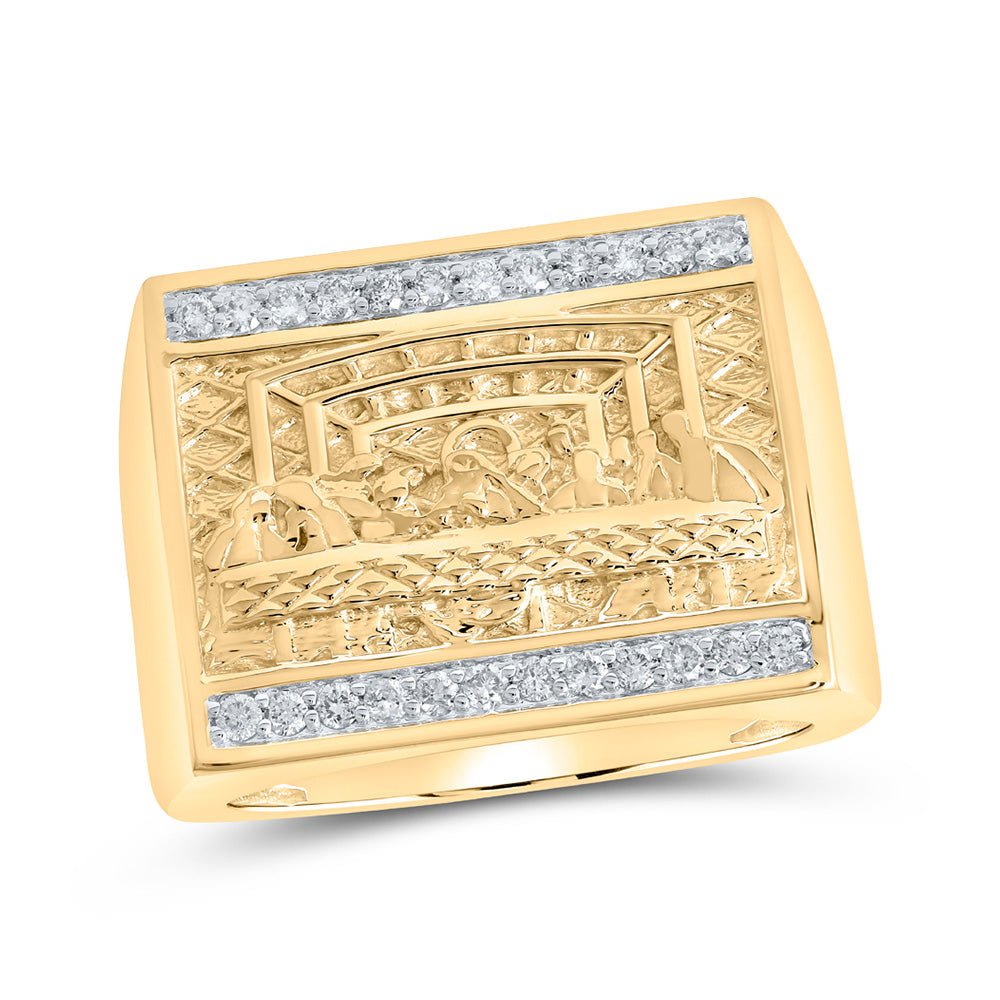 Men's Rings | 10kt Yellow Gold Mens Round Diamond Last Supper Square Ring 1/3 Cttw | Splendid Jewellery GND